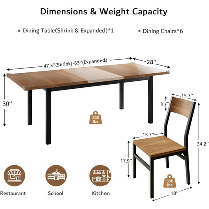 Dining Table & Chairs Set for 4-8, 63" Extendable Kitchen Table Dining Room Table with Metal Frame & MDF Board, Easy Clean