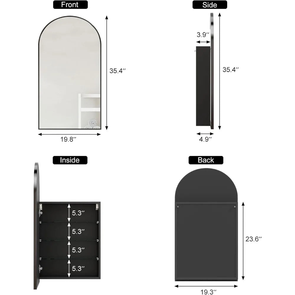 Black Arched Medicine Cabinets with Mirror,Semi Medicine Cabinet for Bathroom,Metal Framed Brushed Black Medicine Cabinet Surfac