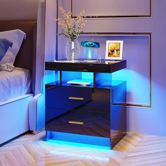 Auto LED Nightstand with Wireless Charging Station & USB Ports,High Gloss Bedside Tables with 2 Drawers,Floating Nightstand
