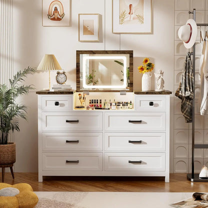 Dresser with Mirror for Bedroom, Chest of Drawers with LED Mirror, 8 Drawer Dresser with Charging Station, White Kids Dressers
