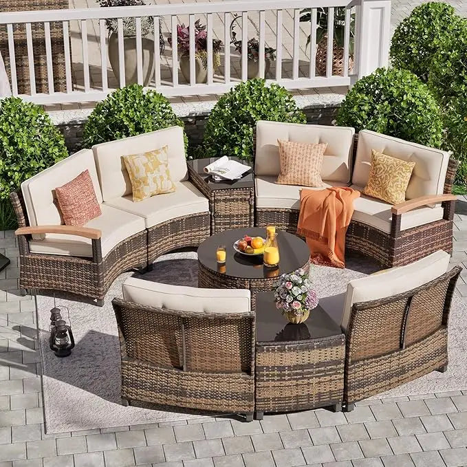 9 Piece Outdoor Patio Furniture Set, Half-Moon Curved Sectional Sofa Rattan Conversation Set with Wood Armrests, Coffee Table