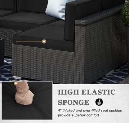 8 Pieces Patio Furniture Set with 44" Propane Gas Fire Pit Table, Outdoor Sectional Wicker Conversation Sofa Sets with Coffee Ta