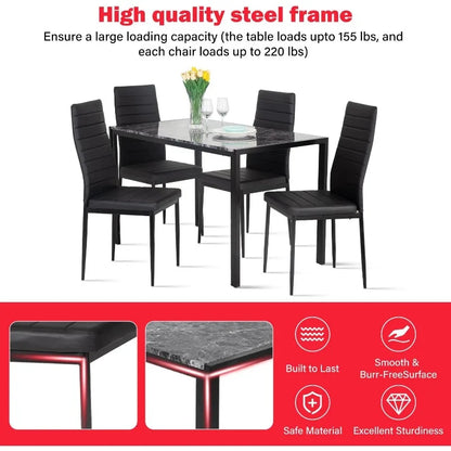 Dining Table and Chairs Set, Modern Rectangular Marble Table top with 4 Chairs PU Leather for Dining Room and Kitchen,  Marble