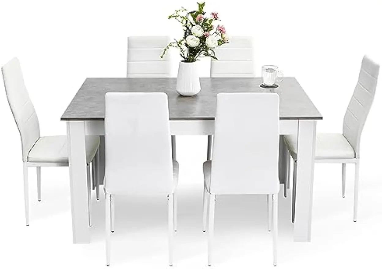 Dining Table and Chairs Set 6, 7 Pieces Kitchen Table Set with High Back Faux Leather Chair for Dining Room Kitchen Rectangular
