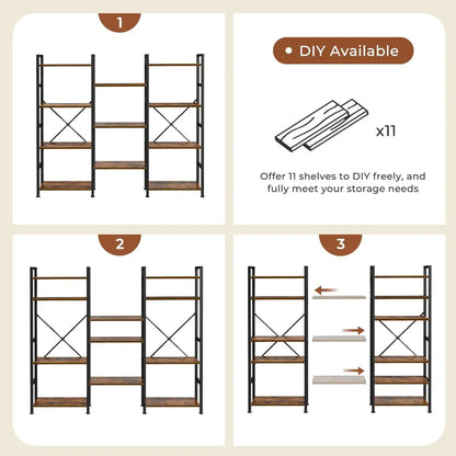 Triple 4 Tier Bookshelf, Bookcase with 11 Open Display Shelves, Wide Book Shelf Book Case for Home & Office, Rustic Brown