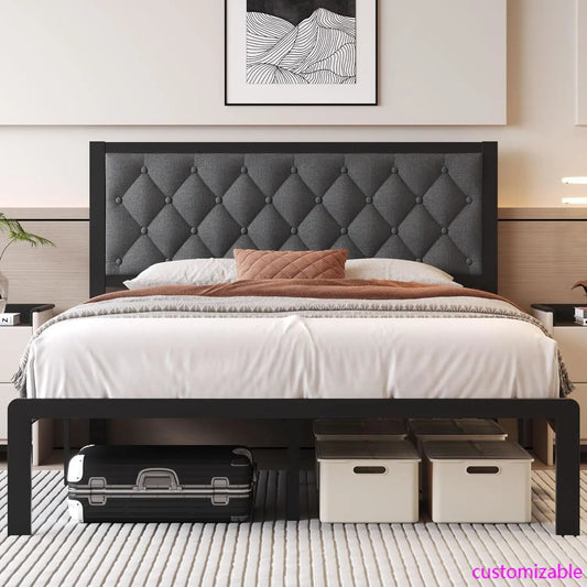 Queen Bed Frame with Headboard Linien Upholstered Bed Frame Platform,All Metal Slats Support Platform Bed Frame
