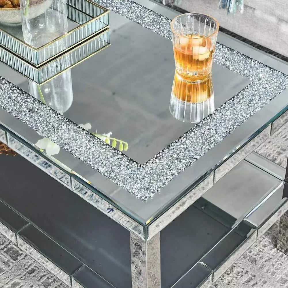 Elegant 2 Tiers of Shiny Silver Mirrored Coffee Table, Crystals Inlay,and Stainless Steel Frame,Modern Rectangle Cocktail Table/