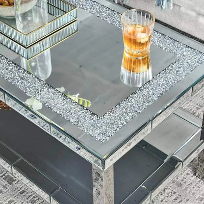 Elegant 2 Tiers of Shiny Silver Mirrored Coffee Table, Crystals Inlay,and Stainless Steel Frame,Modern Rectangle Cocktail Table/
