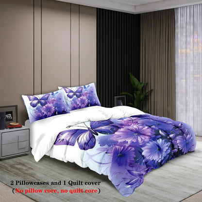 3pcs fashionable purple butterfly printed bedding set, soft and comfortable, for women bedroom, queen, king and twin bed