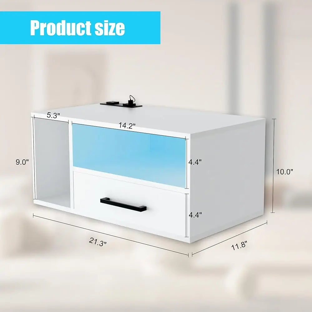 Floating Nightstand With Charging Station And Led Light Strips, 21.3"" Night Stand With Drawers, Floating Bedside With Usb
