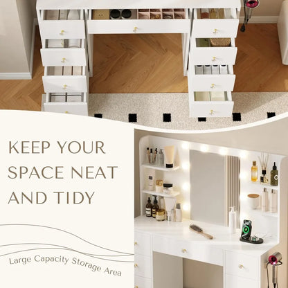 Vanity Desk with Mirror and Lights, Makeup Vanitys Desk with 9 Drawers and 6 Storage Shelves Dressing Table, Vanity Desks
