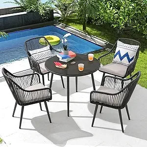 5-Piece Patio Dining Set, Outdoor Dining Table Chair Set, All-Weather Twisted Rattan Wicker Rope Conversation Set, Patio Furnit