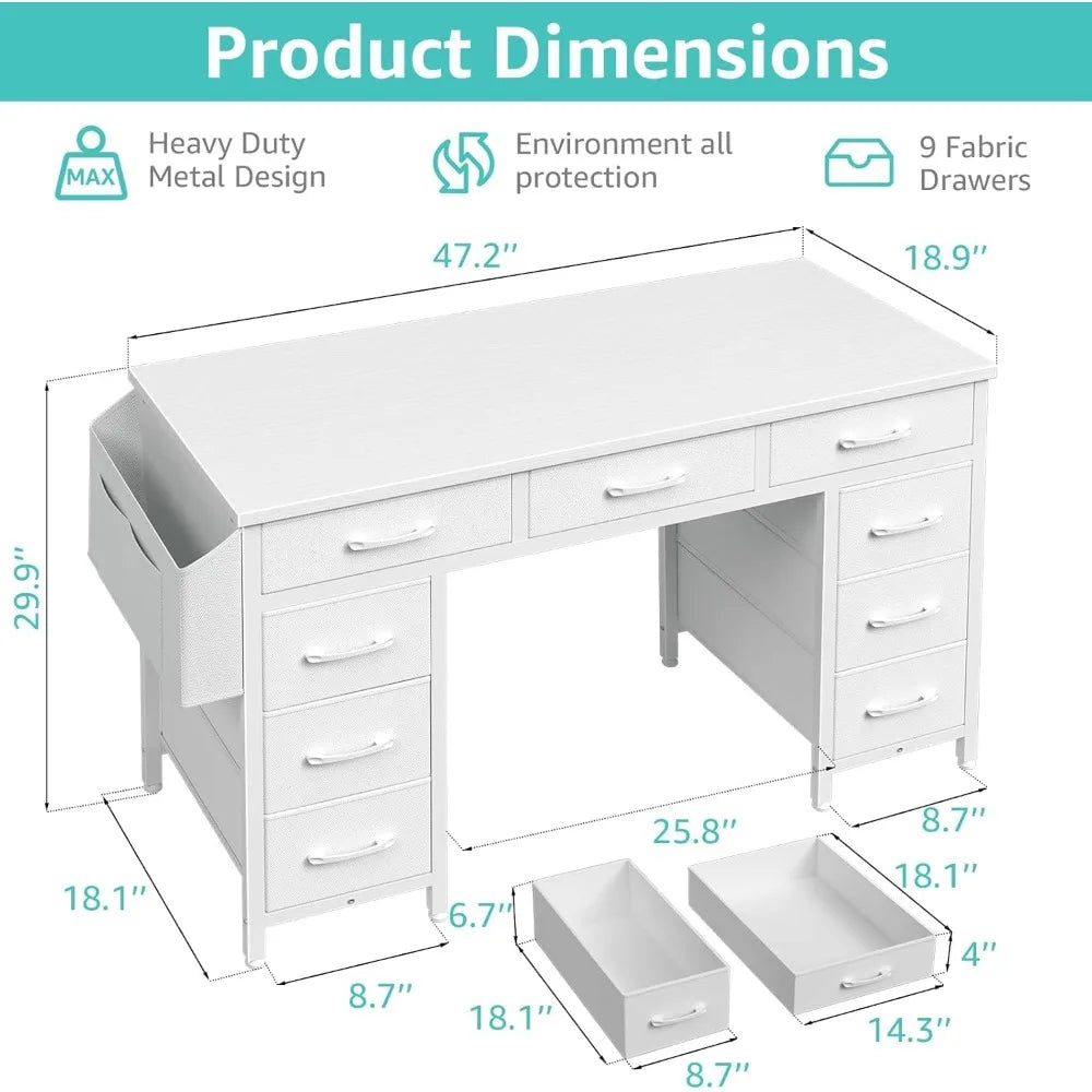 47 Inch Computer Desk with 9 Drawers, Office Desk Work Desk for Home Office, Study, Writing
