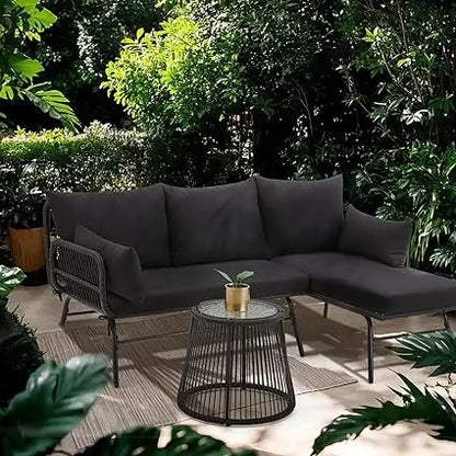 3-piece outdoor terrace furniture set, L-shaped rattan sofa with thick padding, glass coffee table - complete set