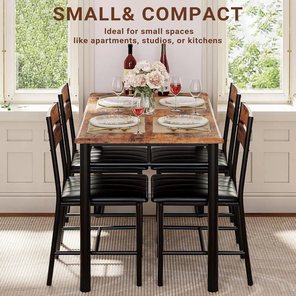 IRONCK Dining Table Set for 4, Wood Kitchen Table with Upholstered Chairs for Kitchen Room and Small Spaces, Rustic Brown