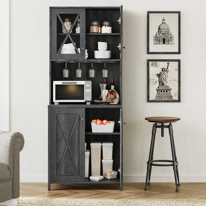 Kitchen Pantry Cabinet Storage with Microwave Stand, 67'' Tall Pantry Buffet Cabinet w/Acrylic Glass Doors and Glass Holder