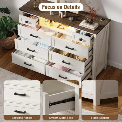 Dresser with Mirror for Bedroom, Chest of Drawers with LED Mirror, 8 Drawer Dresser with Charging Station, White Kids Dressers
