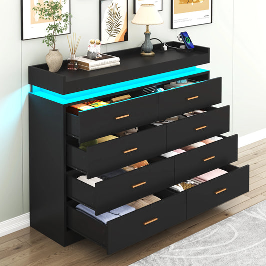 8 Drawer Dresser with LED Light, Modern Chest of Drawers for Closet, 47" Wide Drawer Organizer Cabinet for Bedroom, Living Room