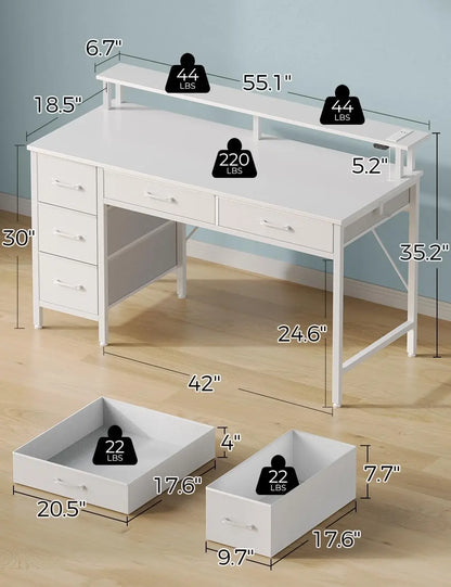 Home Office Computer Desk with Power Outlets, LED Light & 5 Drawers - Writing Desk with Monitor Stand