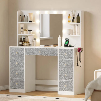 Vanity Desk with Mirror and Lights, Makeup Vanitys Desk with 9 Drawers and 6 Storage Shelves Dressing Table, Vanity Desks