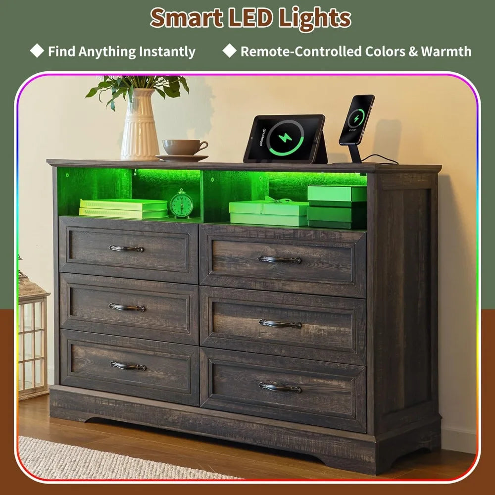 Dressers for Bedroom,6 Drawers Dresser with LED Light,Power Outlets and Open Shelves,Chests of Drawers for 65 inch TV