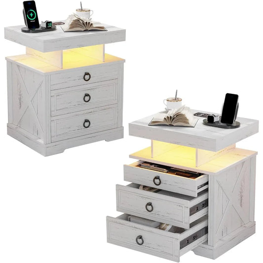 Night Stand Set 2 with Gun Drawers, LED Nightstand Set of 2 with Charging Station, Smart End Table with 3 Colors Human Sen