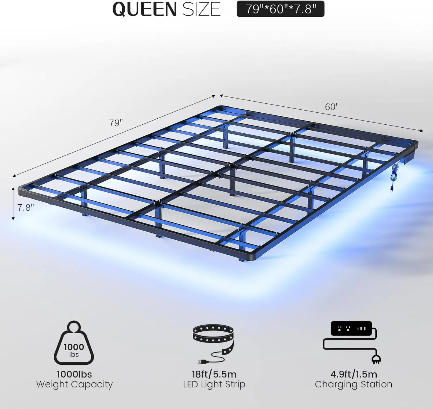 Floating Bed Frame Queen Size with Smart LED Lights and Charging Station - Modern Metal Platform Bed, Easy Assembly