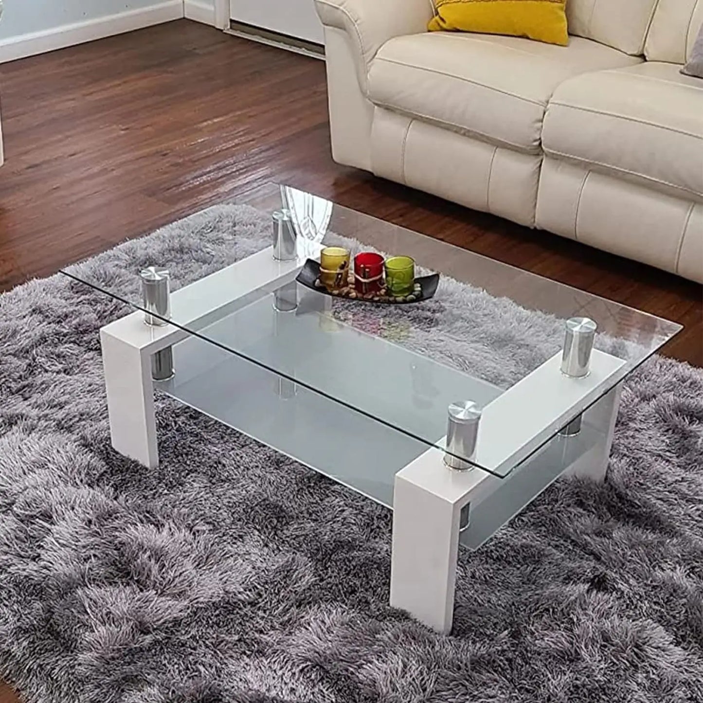 Rectangle Glass Coffee Table 2-Tier Tea Table Modern Side Coffee Table for Living Room