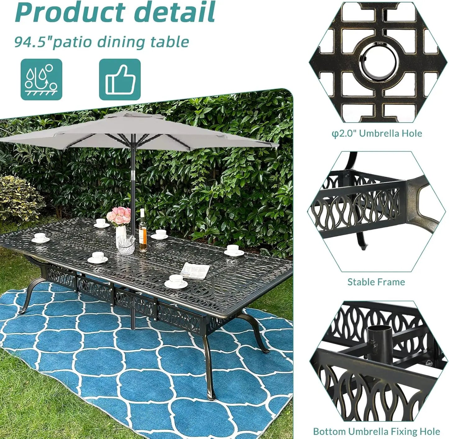 Outdoor 94.5" Rectangle Patio Dining Table, All Weather Cast Aluminum Large Patio Furniture Table Fits for 8-10 Person