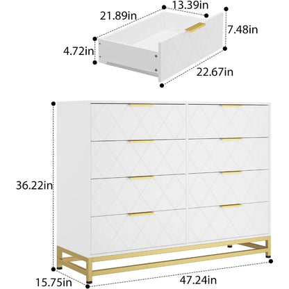 Dresser for Bedroom With 8 Drawer Dressing Table TV Stand Dressers Chest of Drawers for Living Room Hallway Entryway White the