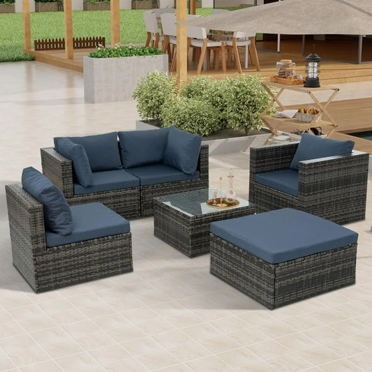 Patio Furniture Sets with Tempered Glass Coffee Table, Couch, Chairs with Cushions, 6 Piece Outdoor Wicker Rattan Sectional Sofa