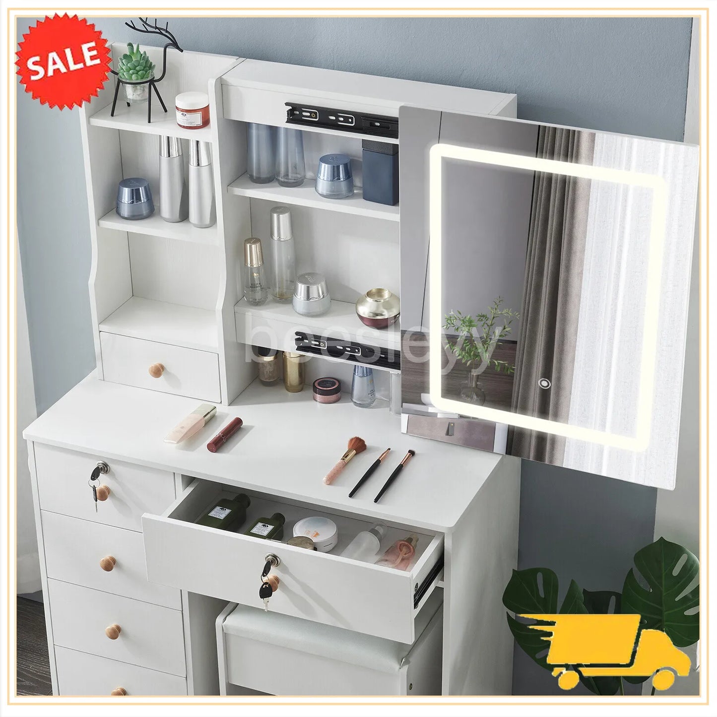 Dressing Table Mirror with Lights Stool Makeup Vanity Set Desk Organizer Dresser
