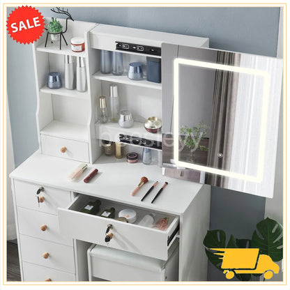 Dressing Table Mirror with Lights Stool Makeup Vanity Set Desk Organizer Dresser