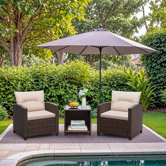 3 Pieces Patio Furniture Sets Outdoor PE Rattan Wicker Chairs with Soft Cushion and Glass Coffee Table