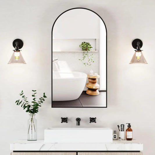 Black Arched Medicine Cabinets with Mirror,Semi Medicine Cabinet for Bathroom,Metal Framed Brushed Black Medicine Cabinet Surfac