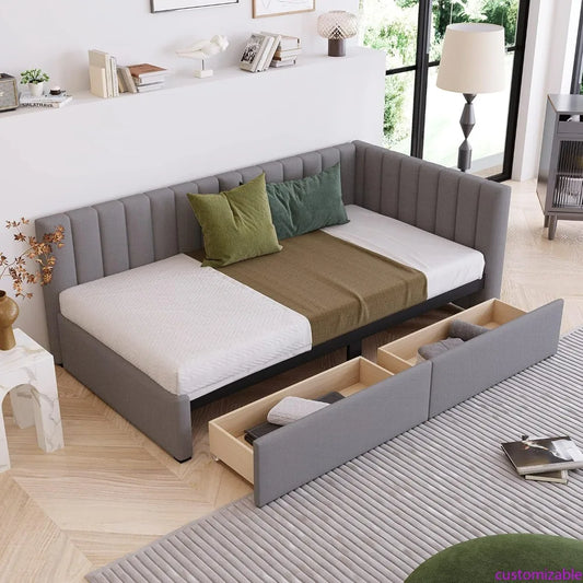 Twin Size Linen Daybed with 2 Removable Storage Drawers, Wooden Slat Sofa Bed Frame, No Box Spring Required, Ideal for Guest Roo