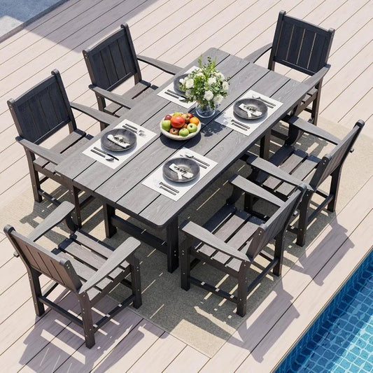 7-Piece HDPE Outdoor Dining Set, Wood Grain Table & Chairs (Gray)
