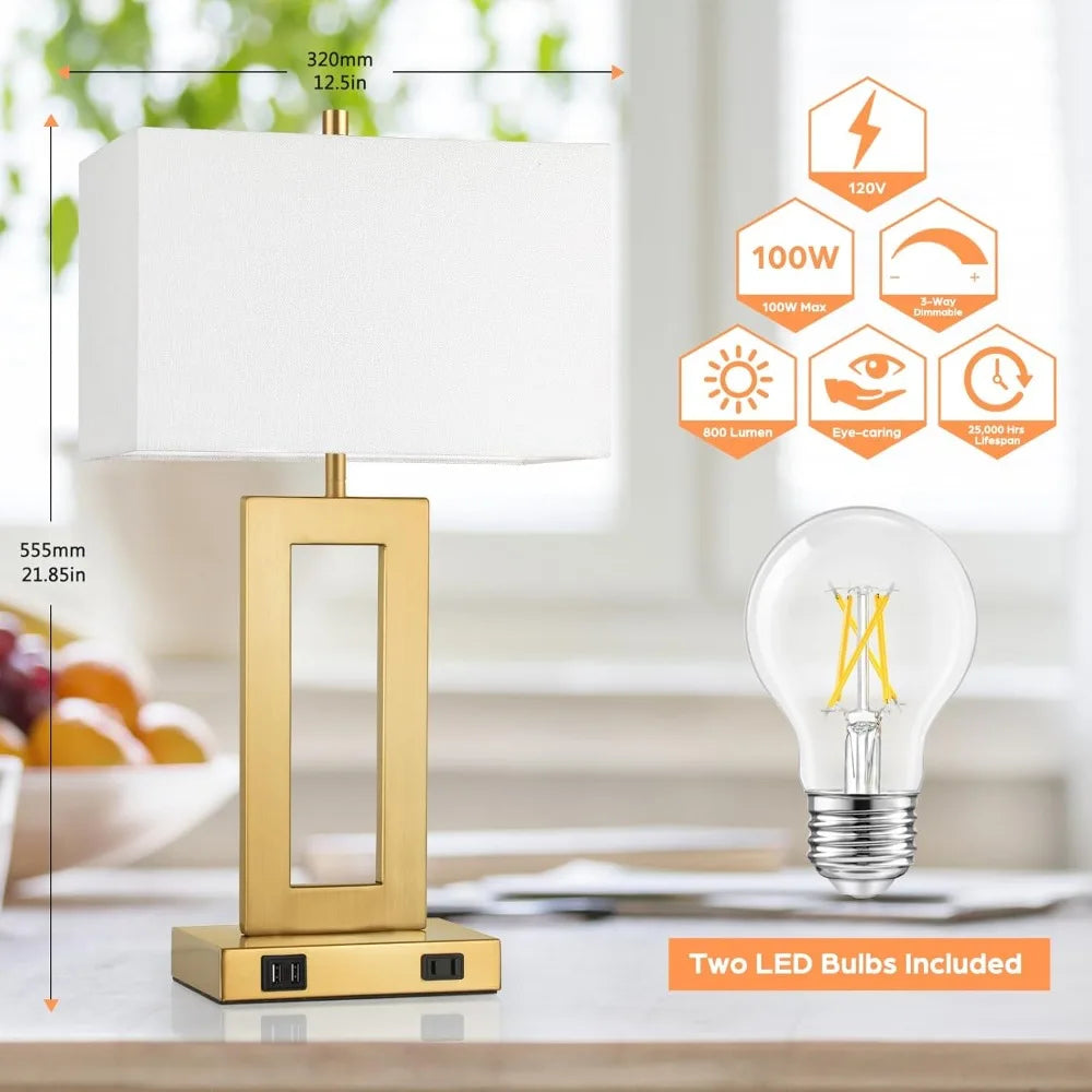 22’’ Table Lamps for Bedrooms Set of 2, Gold Bedside USB Desk Lamp with AC Outlet, Touch Control Modern Vintage Living Room Tabl