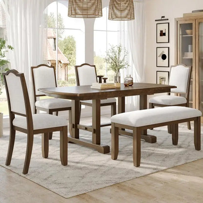 6-Piece Dining Set, Extendable 60-78 inch Wooden Table with Leaf, 4 Upholstered Chairs & Bench for 6, Kitchen Dining Table Set,