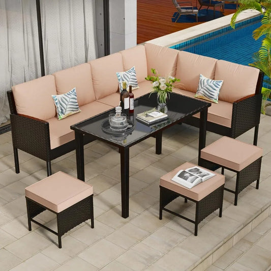 PatioConversation Set,Outdoor Furniture Sectional with Throw Pillows and Anti-Slip Cushions,PE Rattan Sofa Set with Dining Table