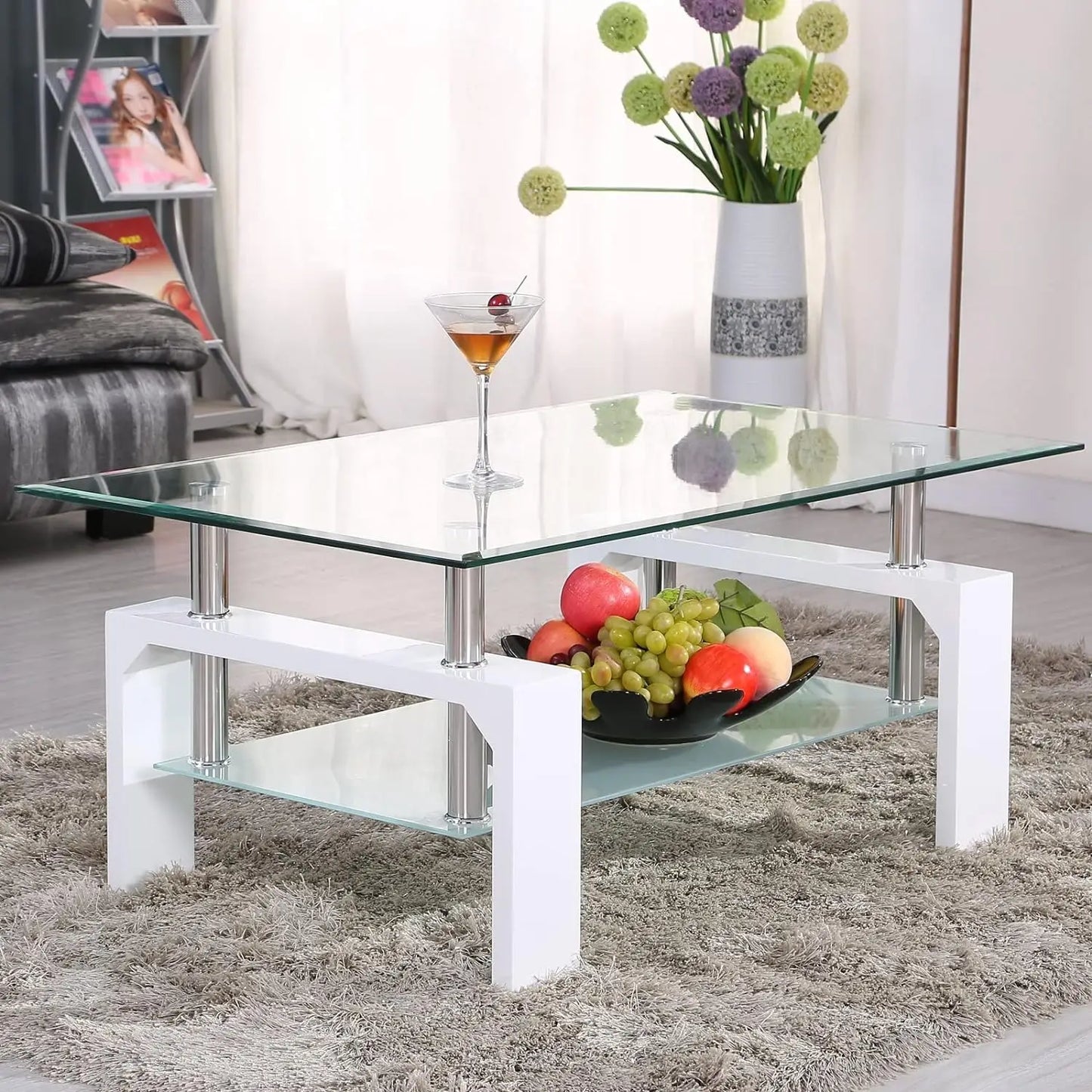 Rectangle Glass Coffee Table-Modern Side Coffee Table with Lower Shelf Black Wooden Legs-Suit for Living Room