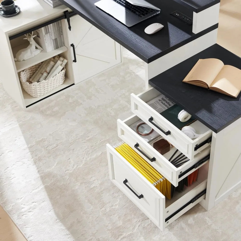 Home Office Desk, Modern Farmhouse Computer Desk with File Cabinet Letter T4 F4 Legal, Study Writing Desk, 67 Inch, Off White