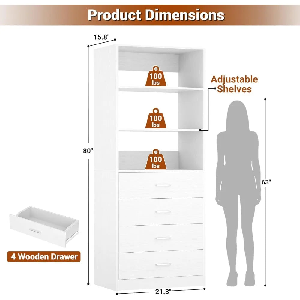 Closet Drawers System, 21.3" Wood Closet Organizer System with 4 Drawers, Modular Walk-in Closet System Storage Unit
