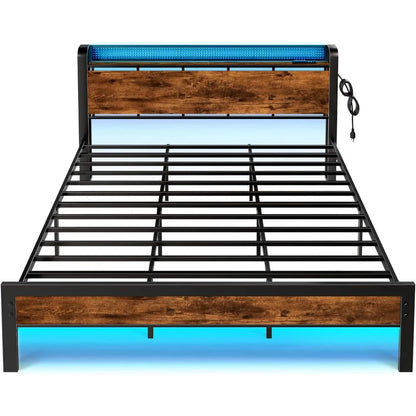 King Size Bed Frame with LED Light,Industrial Storage Shelf Headboard with Power Outlet and USB Port bedroom furniture