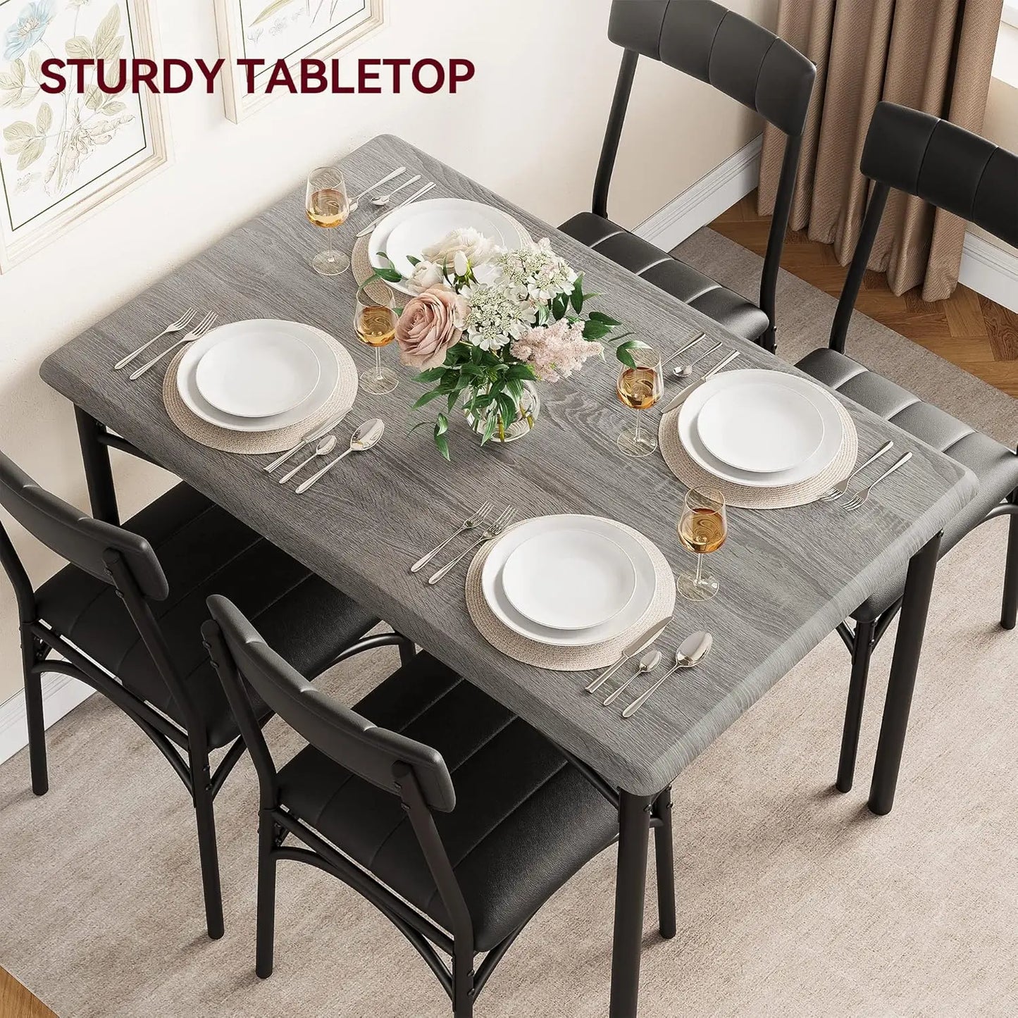 5-Piece Industrial Dining Table Set, Compact Kitchen Table & 4 Padded Chairs, Farmhouse Dining Room Furniture Set for Small Spac
