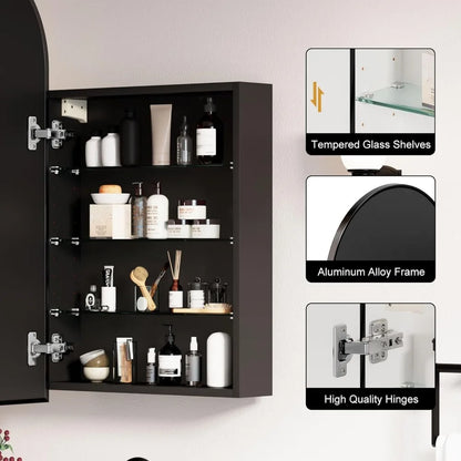 Black Arched Medicine Cabinets with Mirror,Semi Medicine Cabinet for Bathroom,Metal Framed Brushed Black Medicine Cabinet Surfac