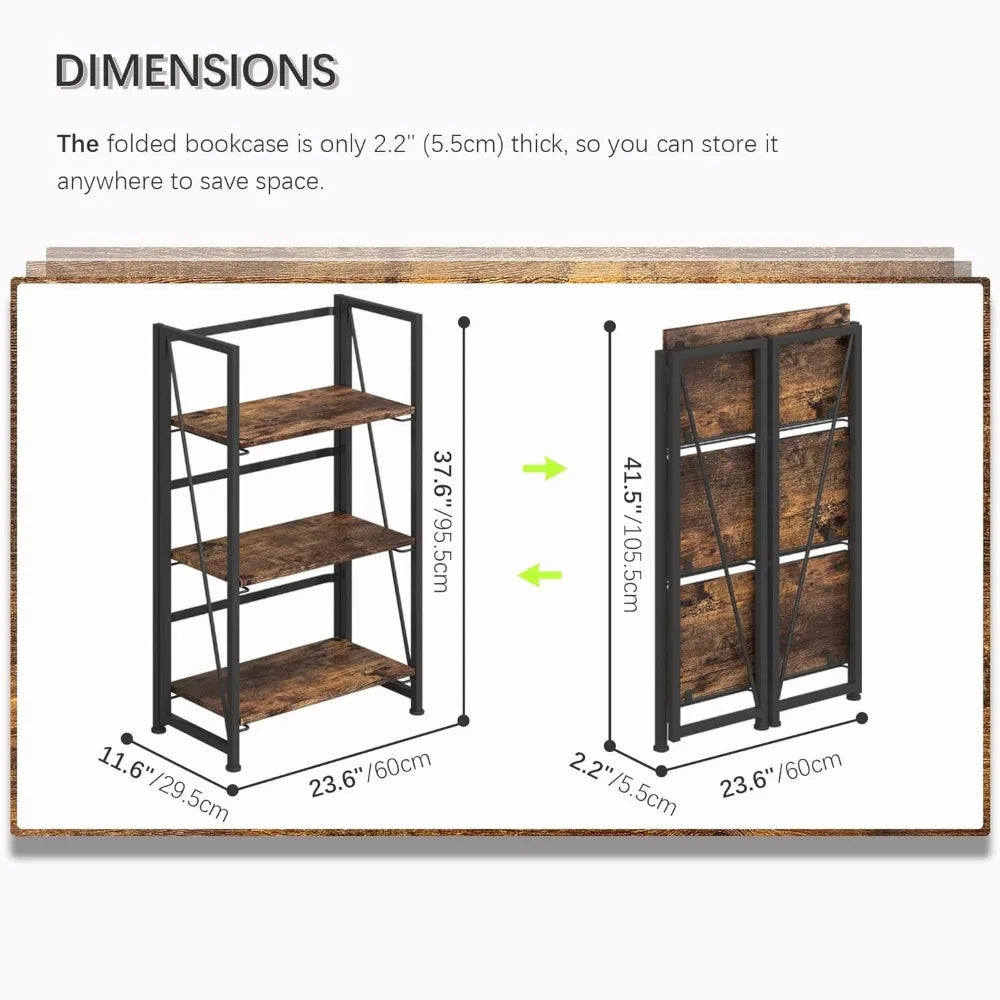 No-Assembly Folding Bookshelf Storage Shelves 3 Tiers Vintage Bookcase Racks Study Organizer Home Office(Rustic Brown and Black)