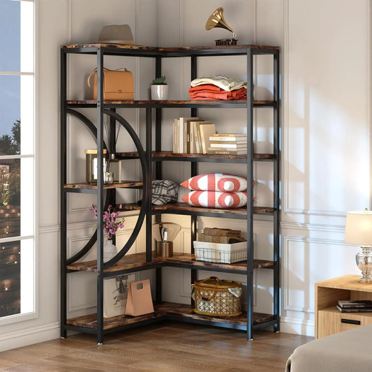 6-Shelf Corner Bookshelf Industrial 6-Tier  Etagere Bookcase, Large  Shelf L-Shaped Book Shelves Display Stor